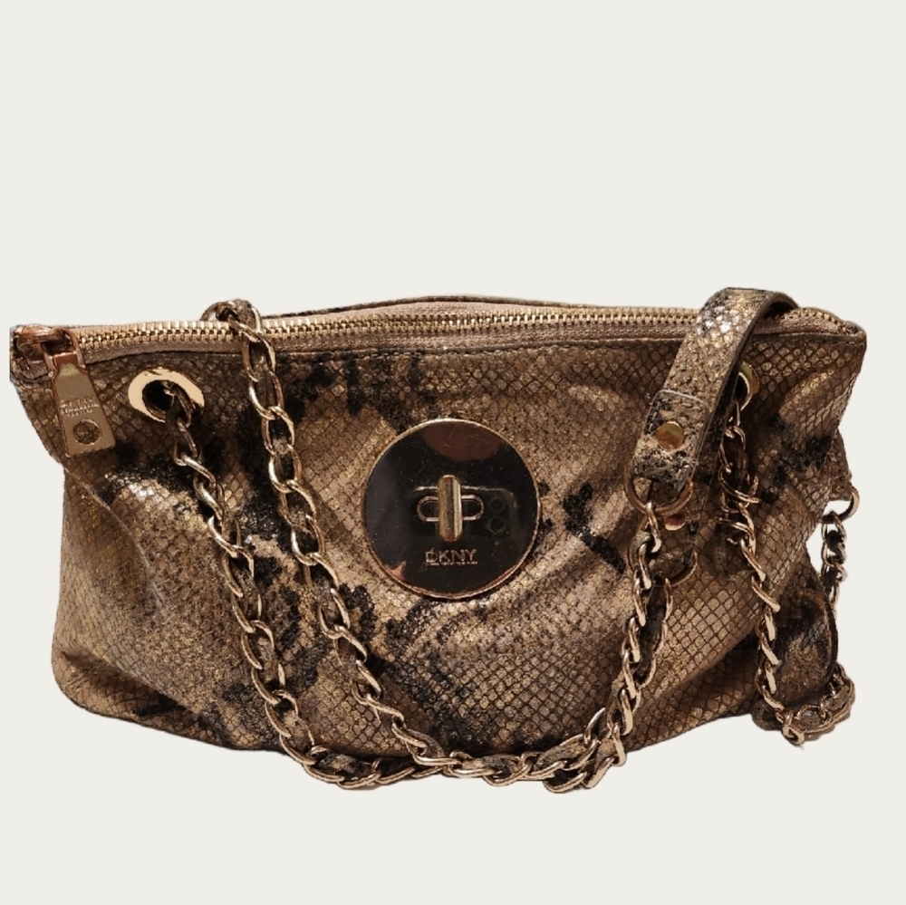 DKNY Beige Gold Snake Print Convertible Shoulder/ Crossbody Bag With Chain Strap